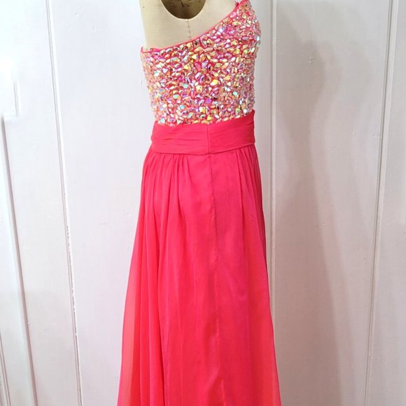 La Femme Fushia Chiffon Gown Prom Dress Jeweled Bodice - Picture 5 of 7
